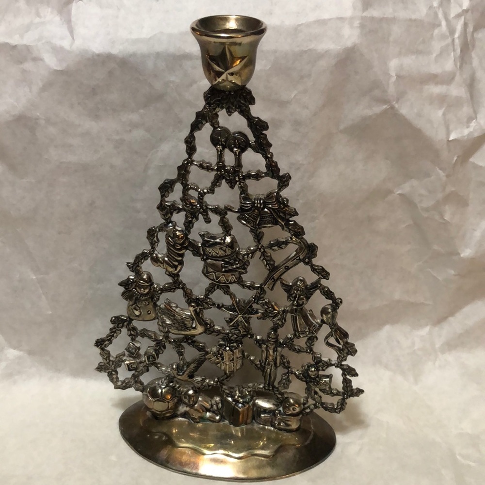Vintage Silver Plate Christmas Tree Candle Holder Ornaments/Presents 10”x6.5”